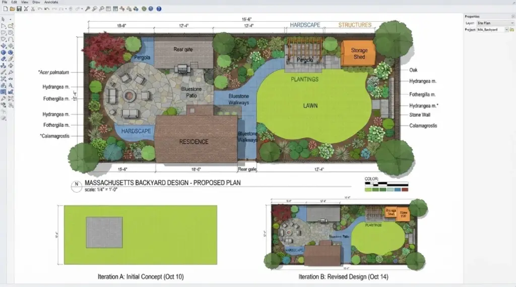 Beverly MA backyard design CAD plan with concept iterations