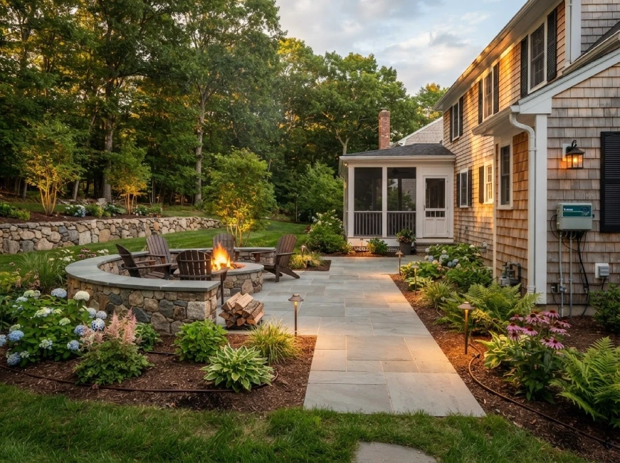 Cape Ann MA cedar shingle home with fieldstone fire pit walkway and path lighting