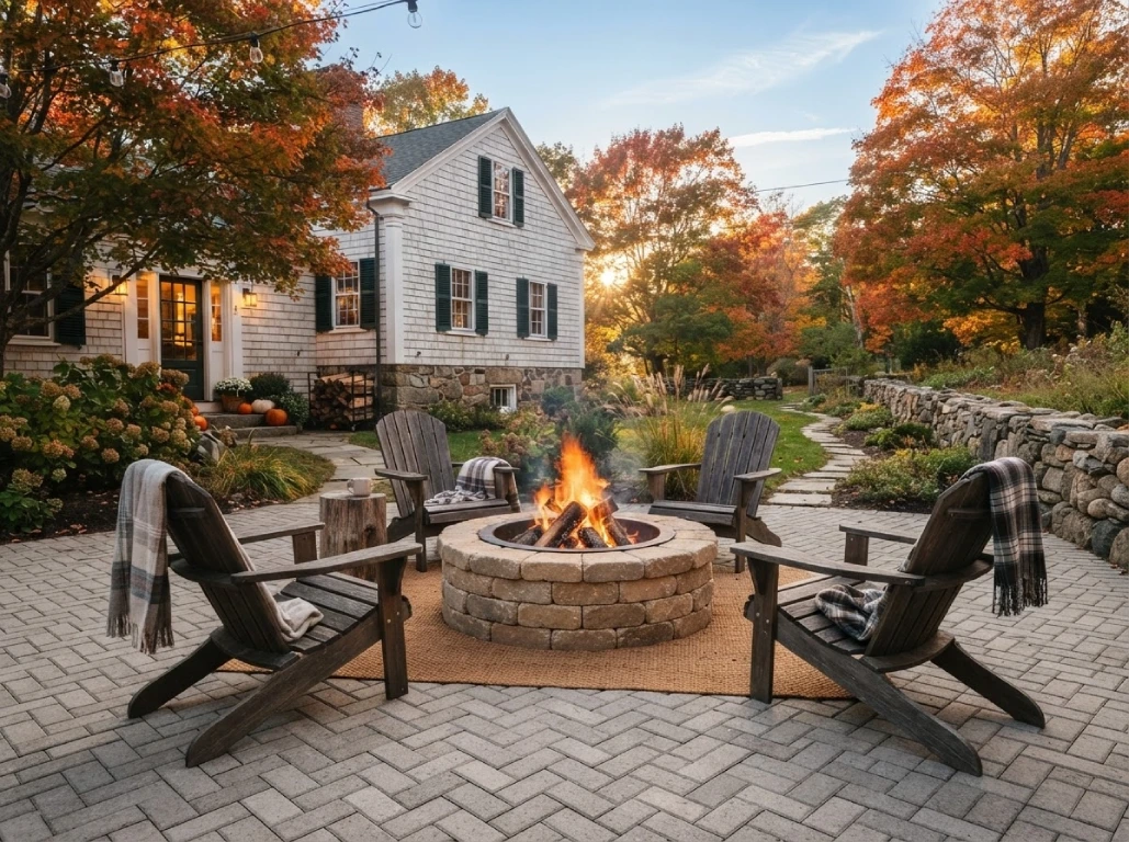 Classic stone fire pit patio - New England farmhouse