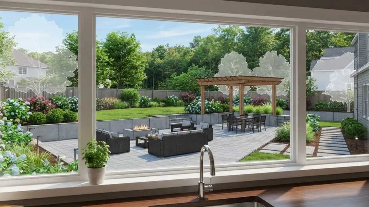Concord MA kitchen window view of backyard patio with fire pit and pergola