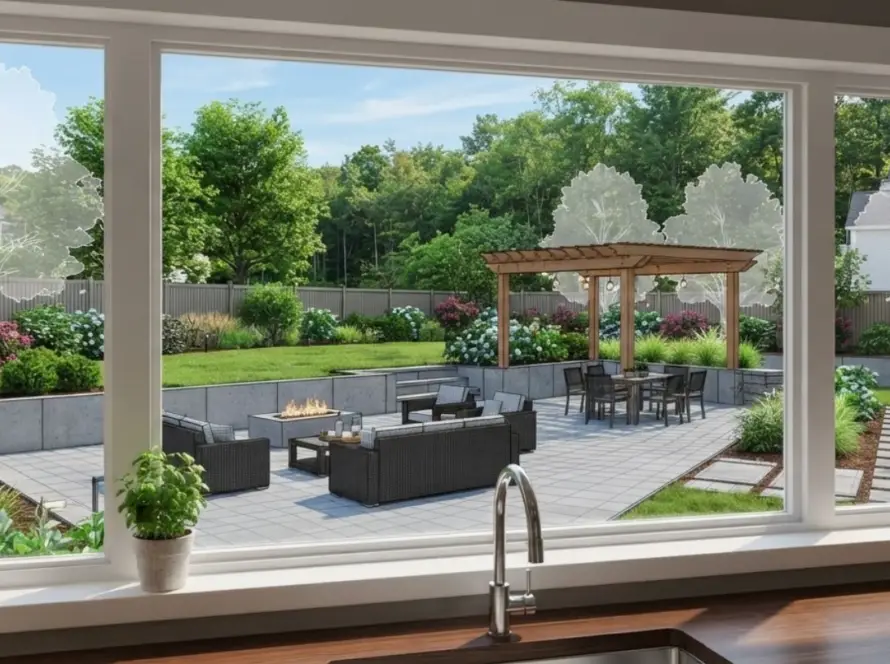 Concord MA kitchen window view of backyard patio with fire pit and pergola