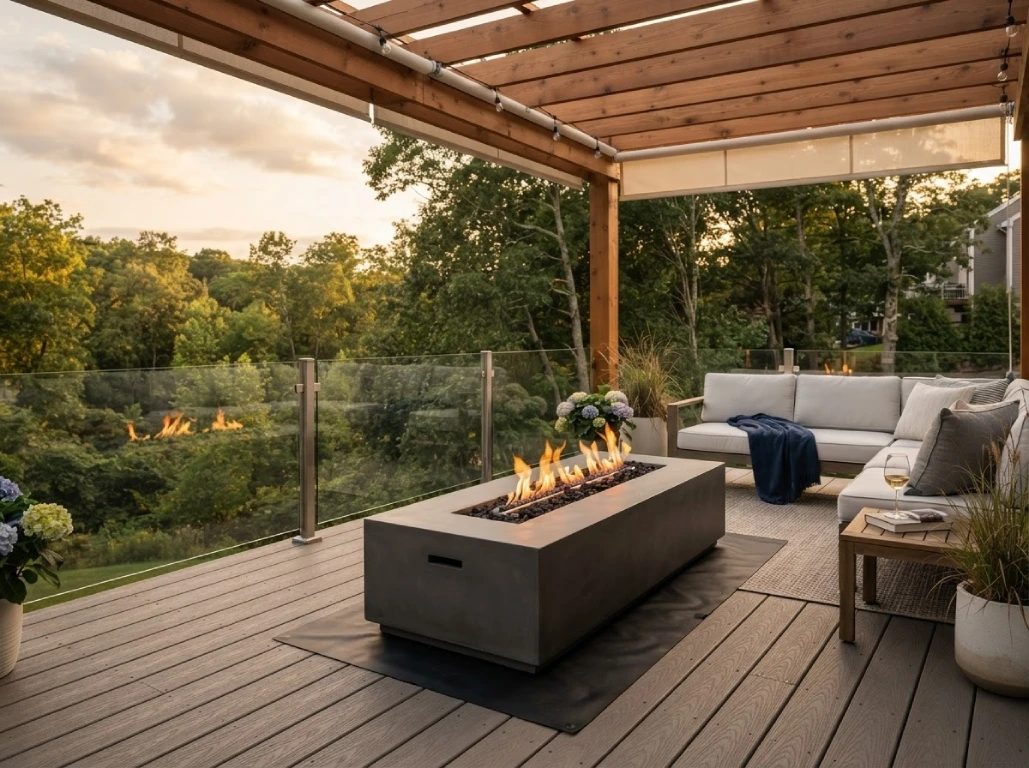 Pergola fire pit three-season room - Massachusetts backyard