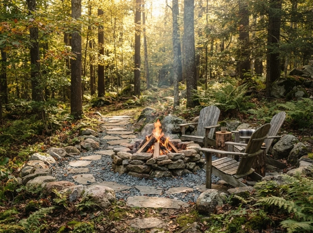Fieldstone fire pit in wooded MA lot
