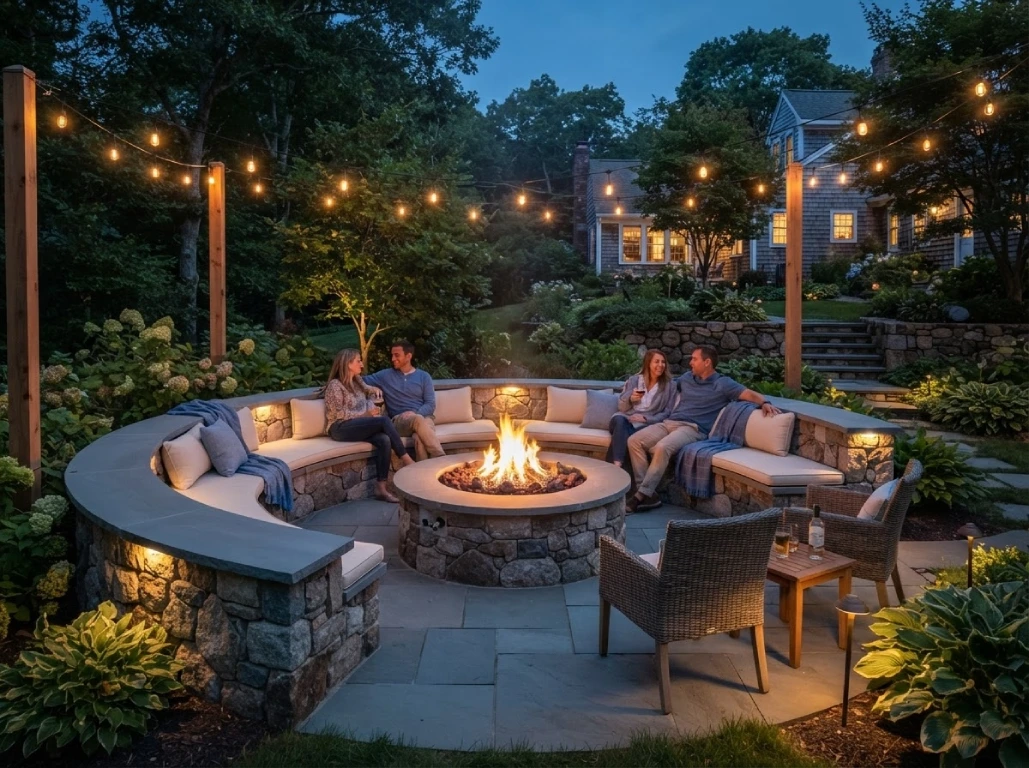 Fieldstone seat walls around gas fire pit - Essex County MA