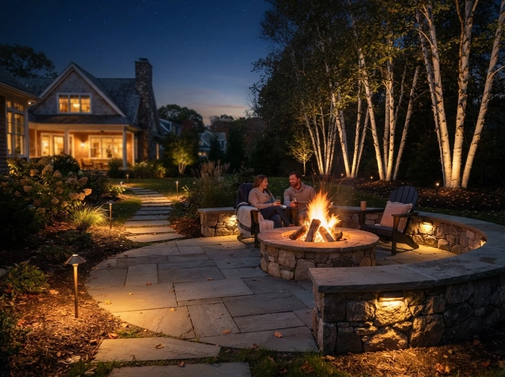 Fire pit with path lighting - Massachusetts backyard night