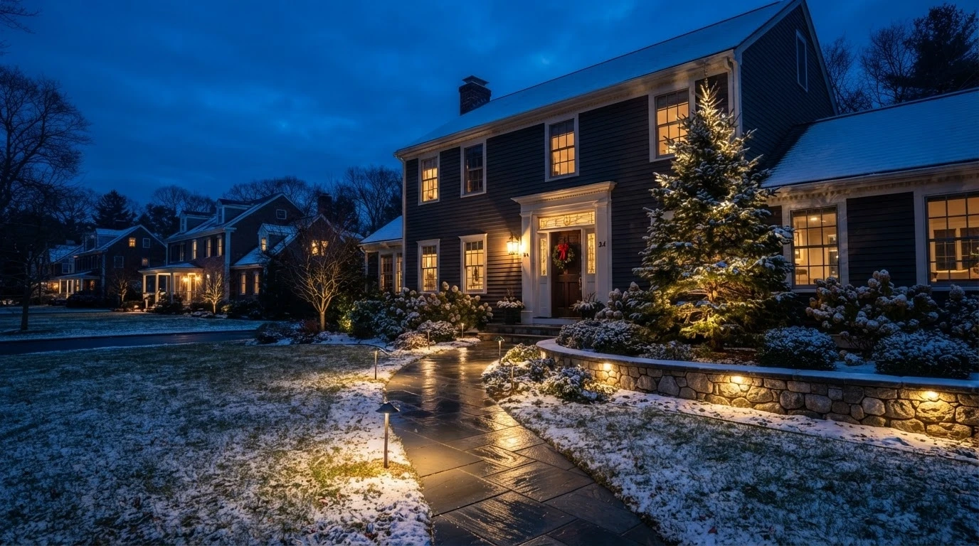 Luxury Massachusetts colonial home front yard snow-covered landscape design
