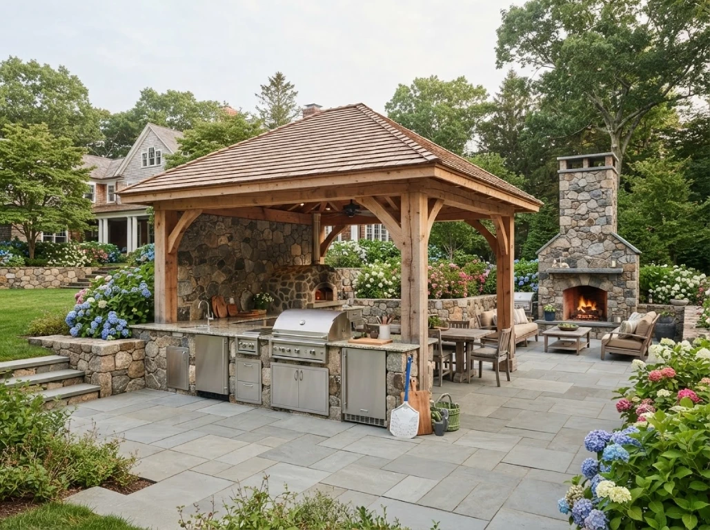 MA cedar pavilion outdoor kitchen with pizza oven and stone fireplace, bluestone patio