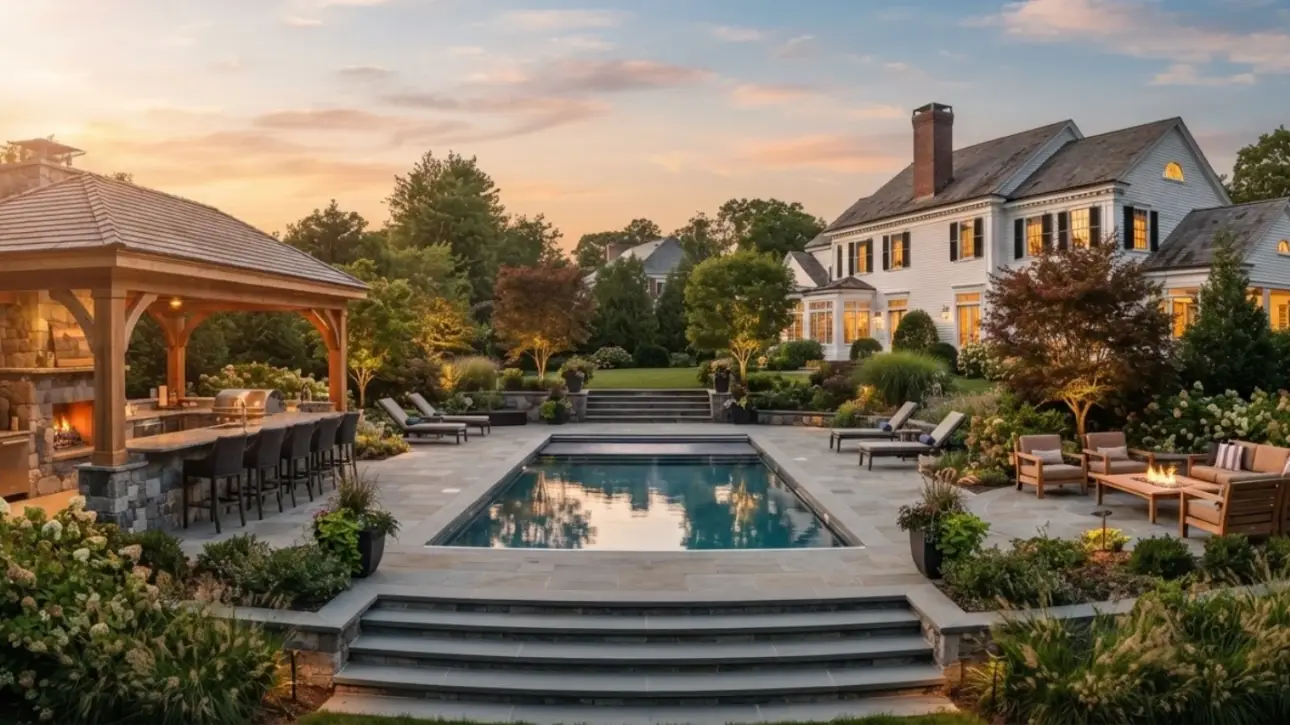 MA colonial estate backyard at sunset with cedar pavilion kitchen and rectangular pool