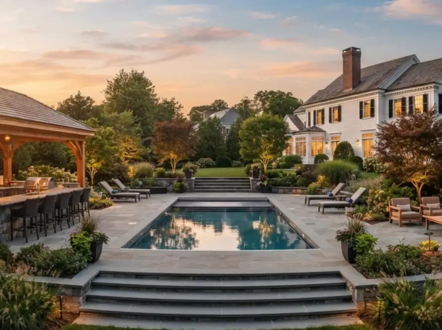 MA colonial estate backyard at sunset with cedar pavilion kitchen and rectangular pool