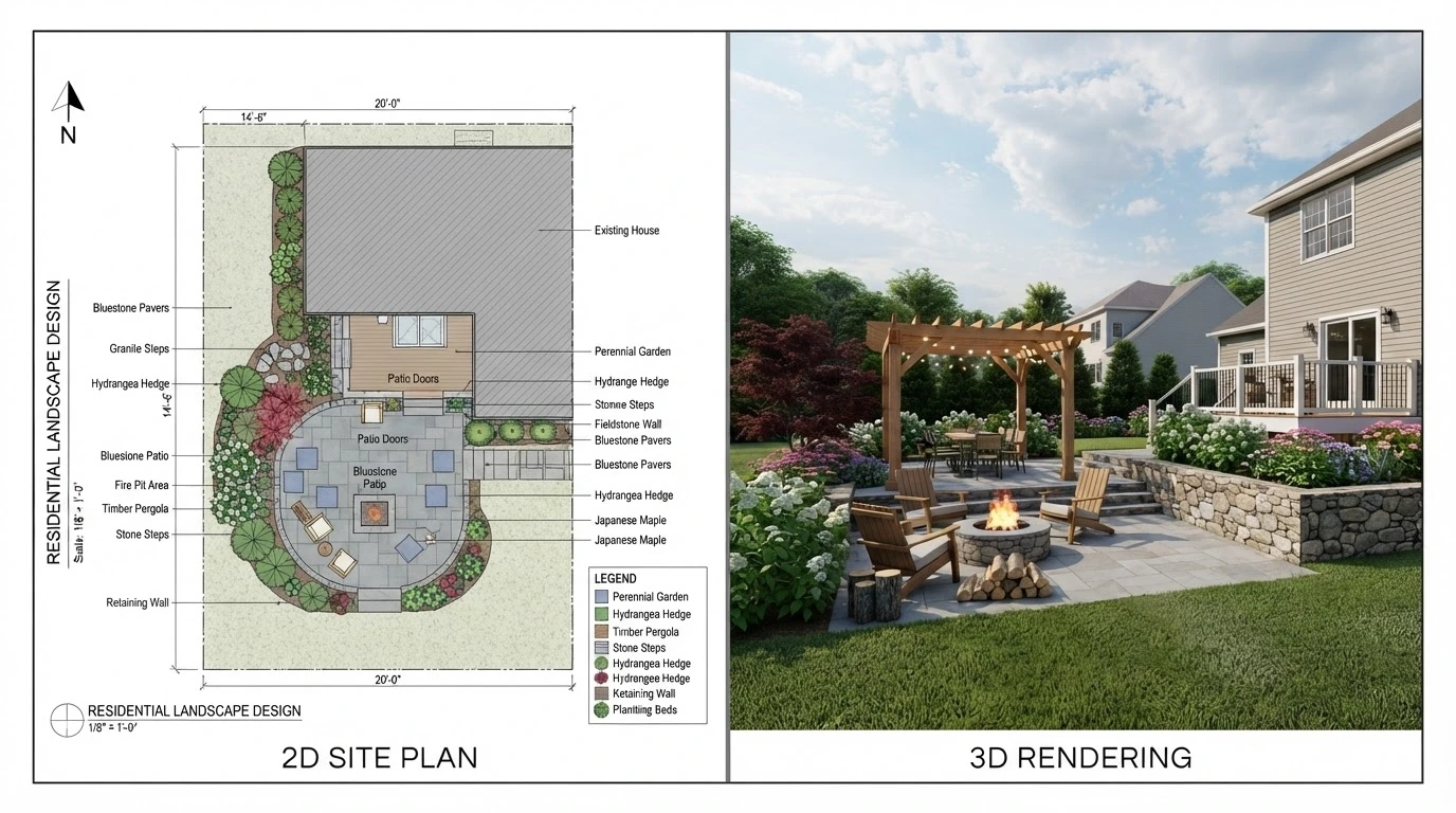 Marblehead MA backyard 2D plan and 3D rendering with bluestone patio and pergola