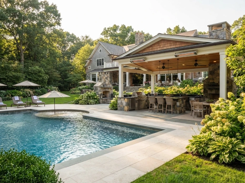 Massachusetts gunite pool with bluestone patio, full outdoor kitchen