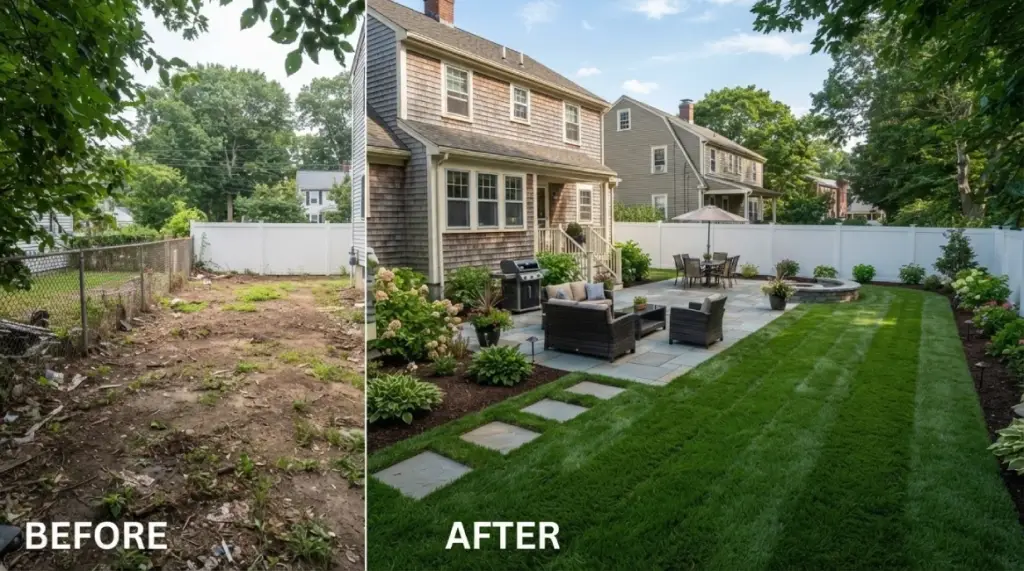 Massachusetts sod lawn installation backyard transformation white fence patio