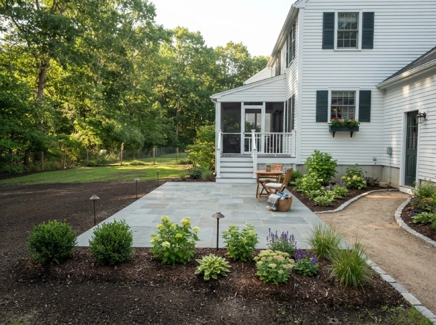 Massachusetts white clapboard colonial backyard with new bluestone patio and edge plantings