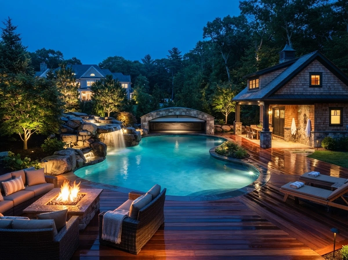 New England resort pool with rock waterfall, fire pit lounge, and shingle pool house at twilight