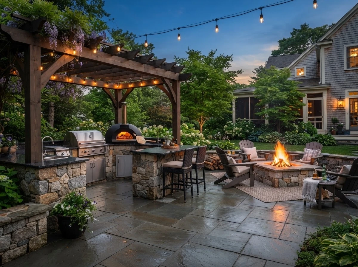 Outdoor kitchen fire pit pergola - North Shore backyard