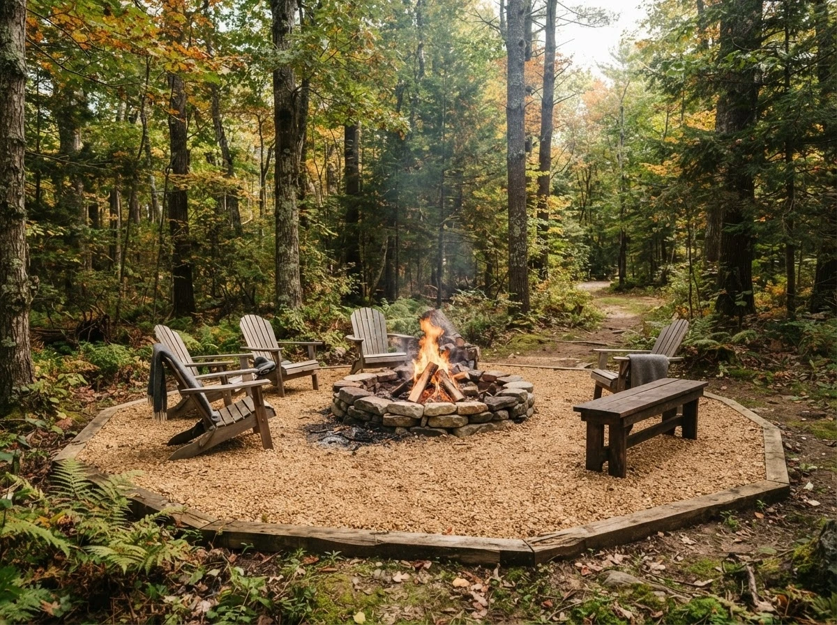 Pea gravel fire pit court - central MA woods