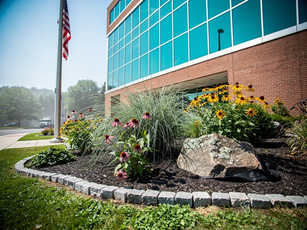 Perennial flower bed at Massachusetts commercial entrance