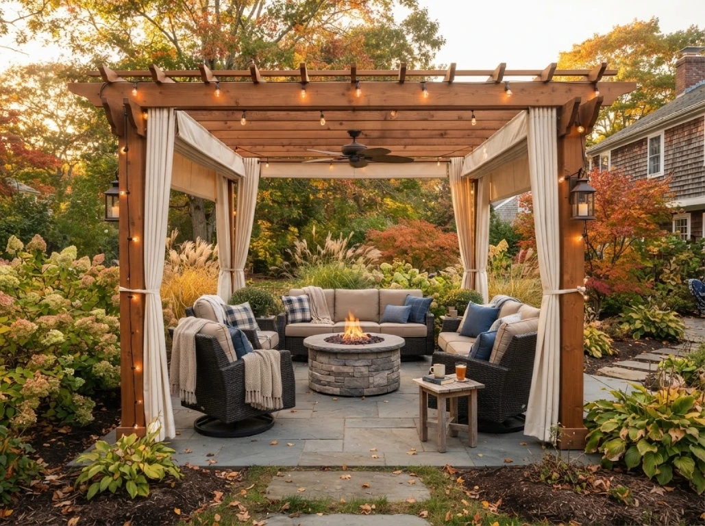 Pergola fire pit three-season room - Massachusetts backyard
