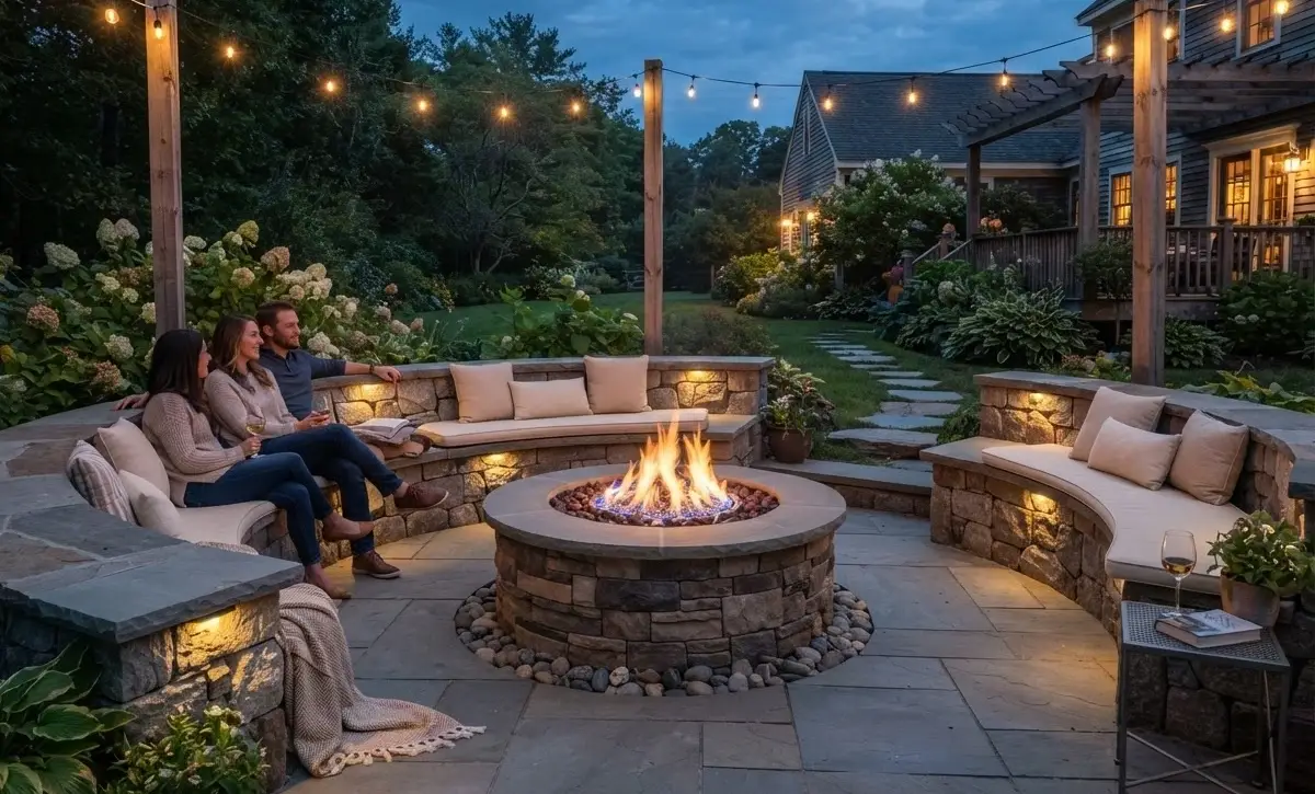 Seat wall fire pit patio - Middlesex County MA