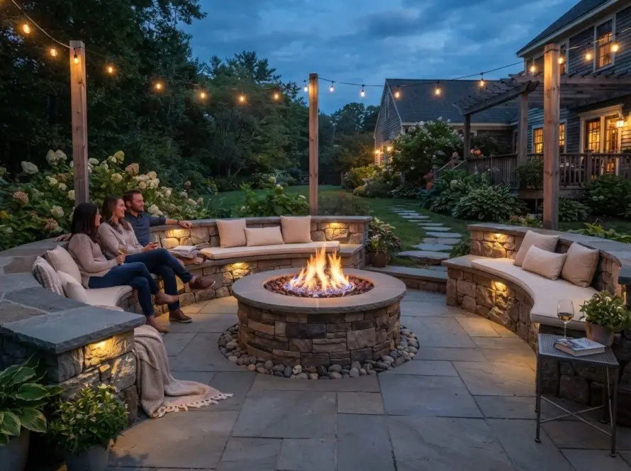 Seat wall fire pit patio - Middlesex County MA