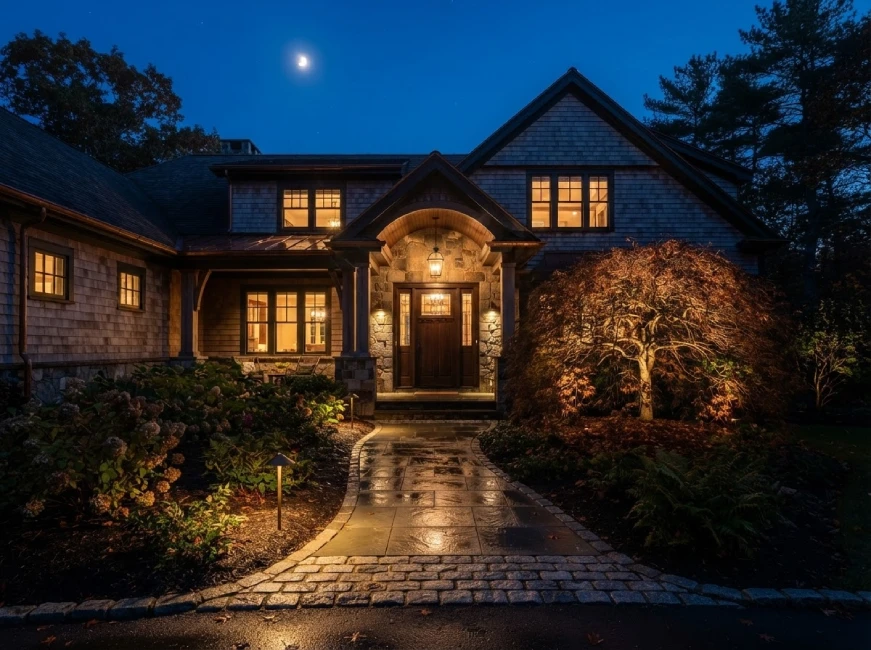 Shingle-style home with stone arched entry and cobblestone walkway under full moon, Massachusetts