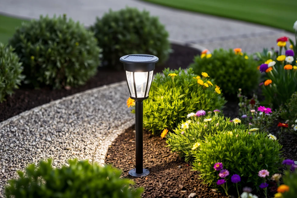 Solar path light in mixed perennial garden bed, Massachusetts home landscape