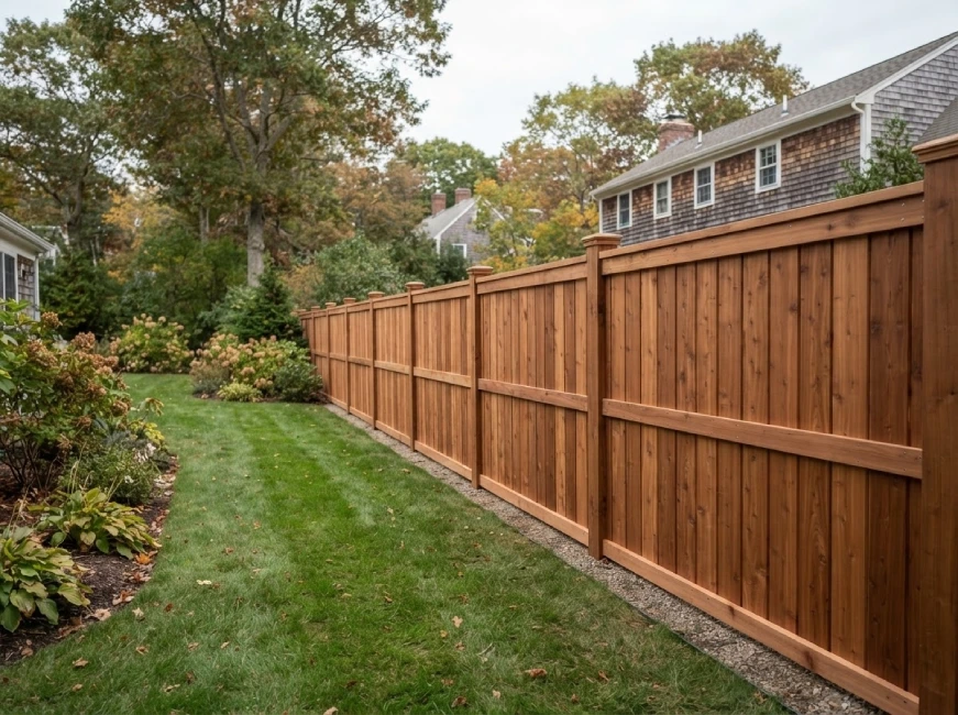 Stained cedar fence Massachusetts colonial home