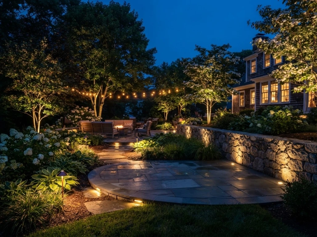 Stockbridge MA style landscape lighting with hydrangeas and fieldstone wall at twilight