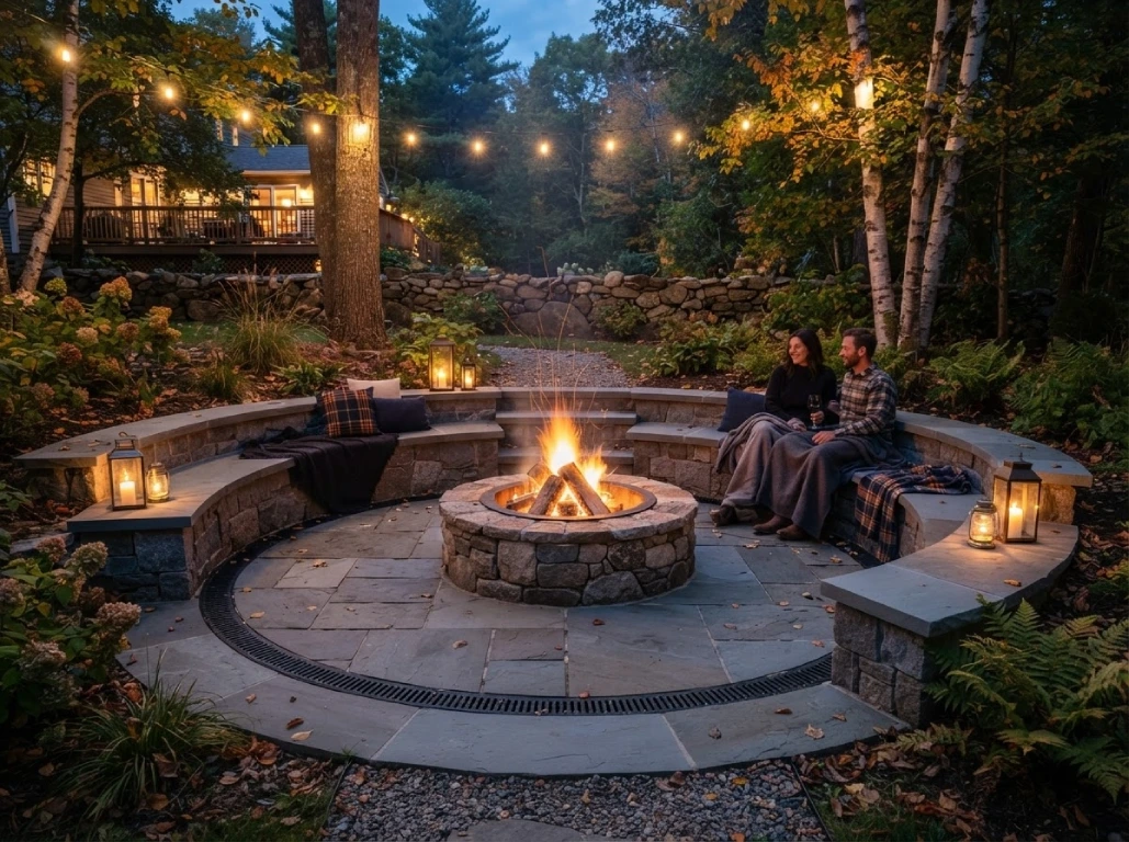 Sunken bluestone fire pit with seat walls - North Shore MA