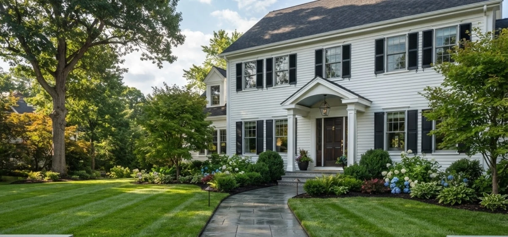 White colonial home with bluestone walkway, hydrangeas, and stone entrance pillars, Massachusetts