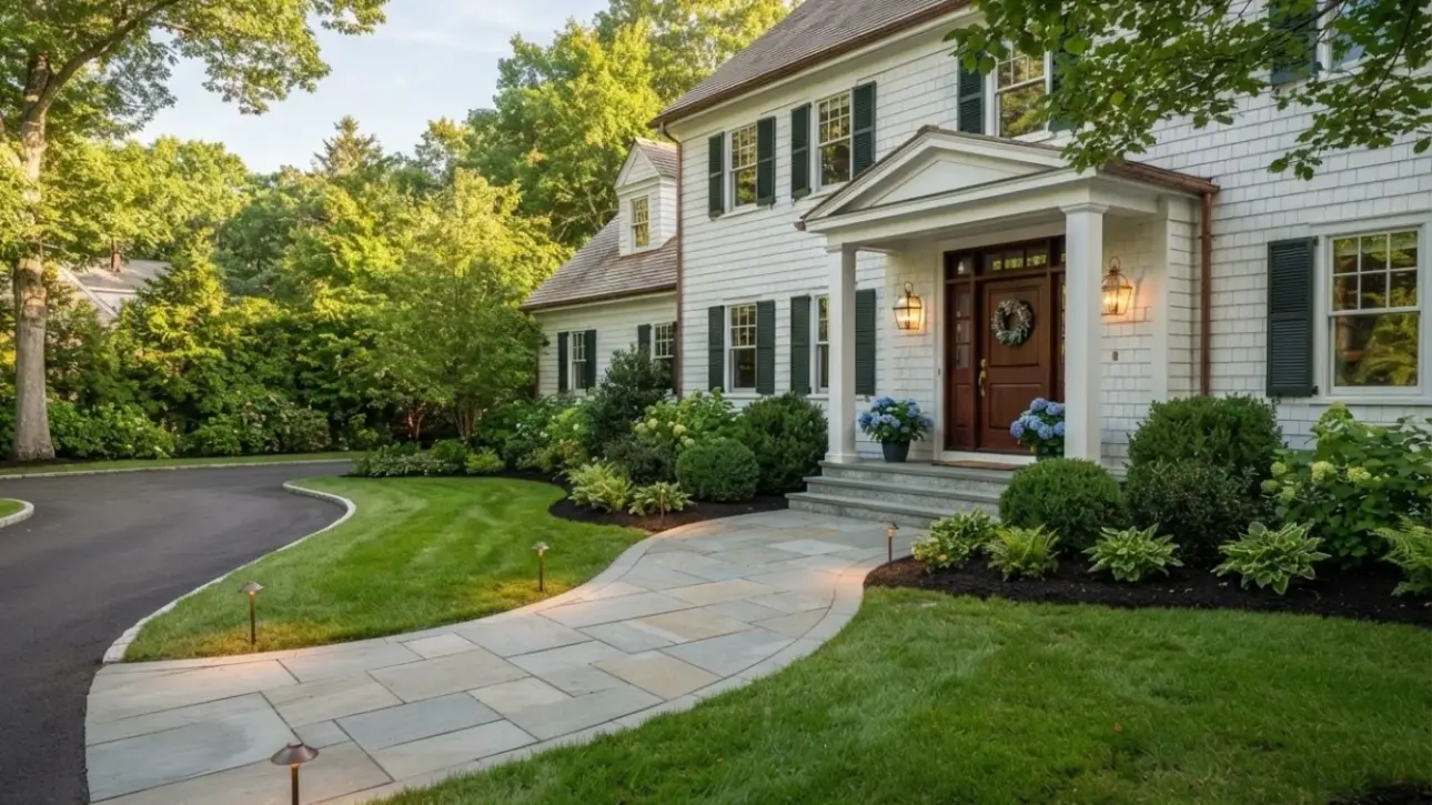 White colonial home with curved flagstone walkway, gas lanterns, and manicured lawn, Massachusetts