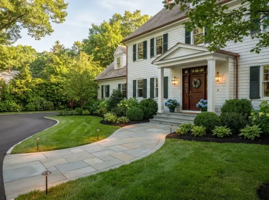 White colonial home with curved flagstone walkway, gas lanterns, and manicured lawn, Massachusetts