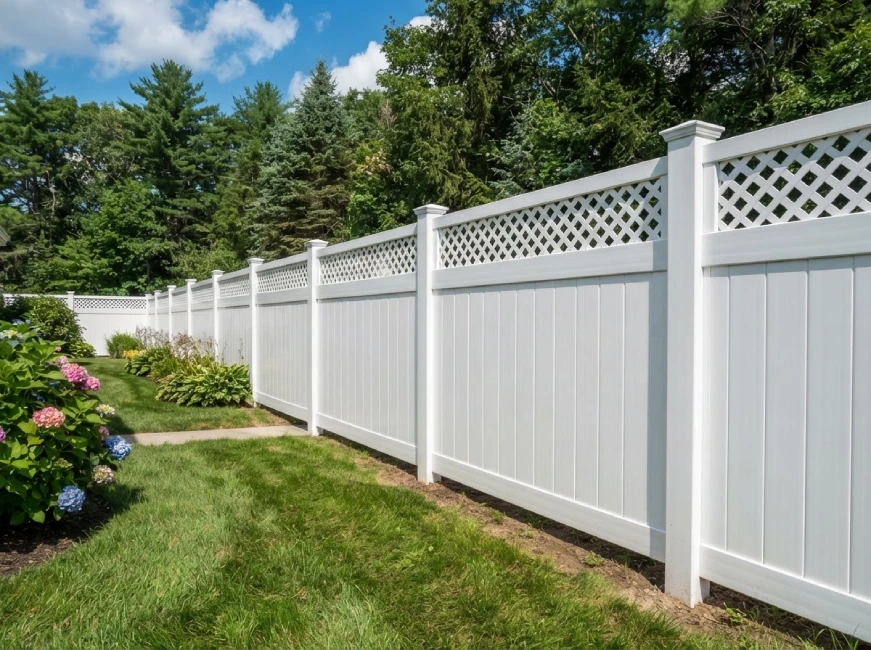 White vinyl fence lattice Massachusetts landscape