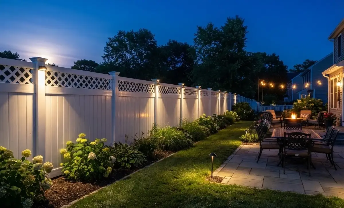 White vinyl fence patio lights Massachusetts dusk