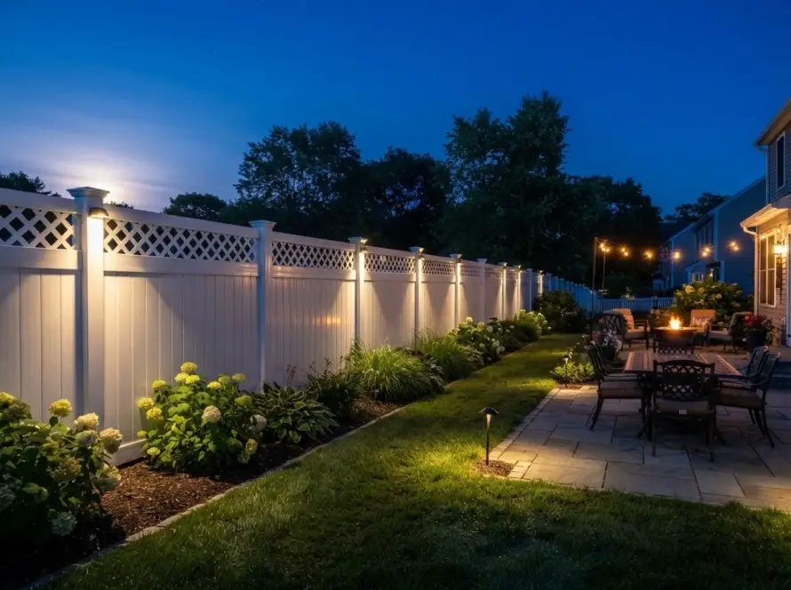 White vinyl fence patio lights Massachusetts dusk