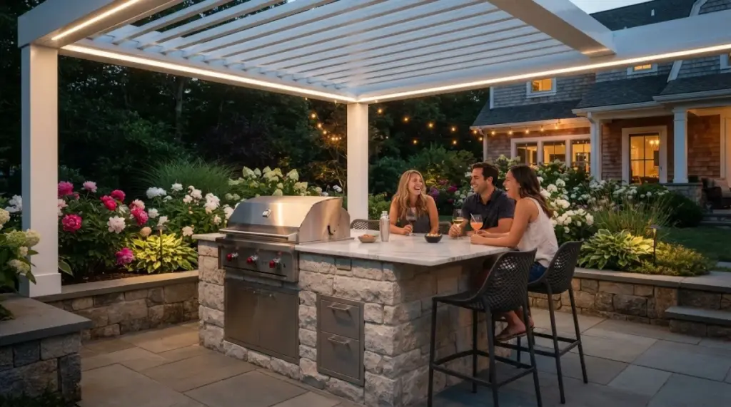 white pergola outdoor kitchen MA Cape Cod