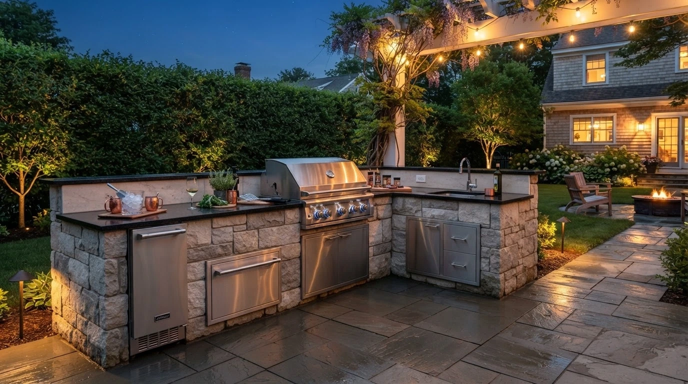 wisteria pergola outdoor kitchen MA backyard