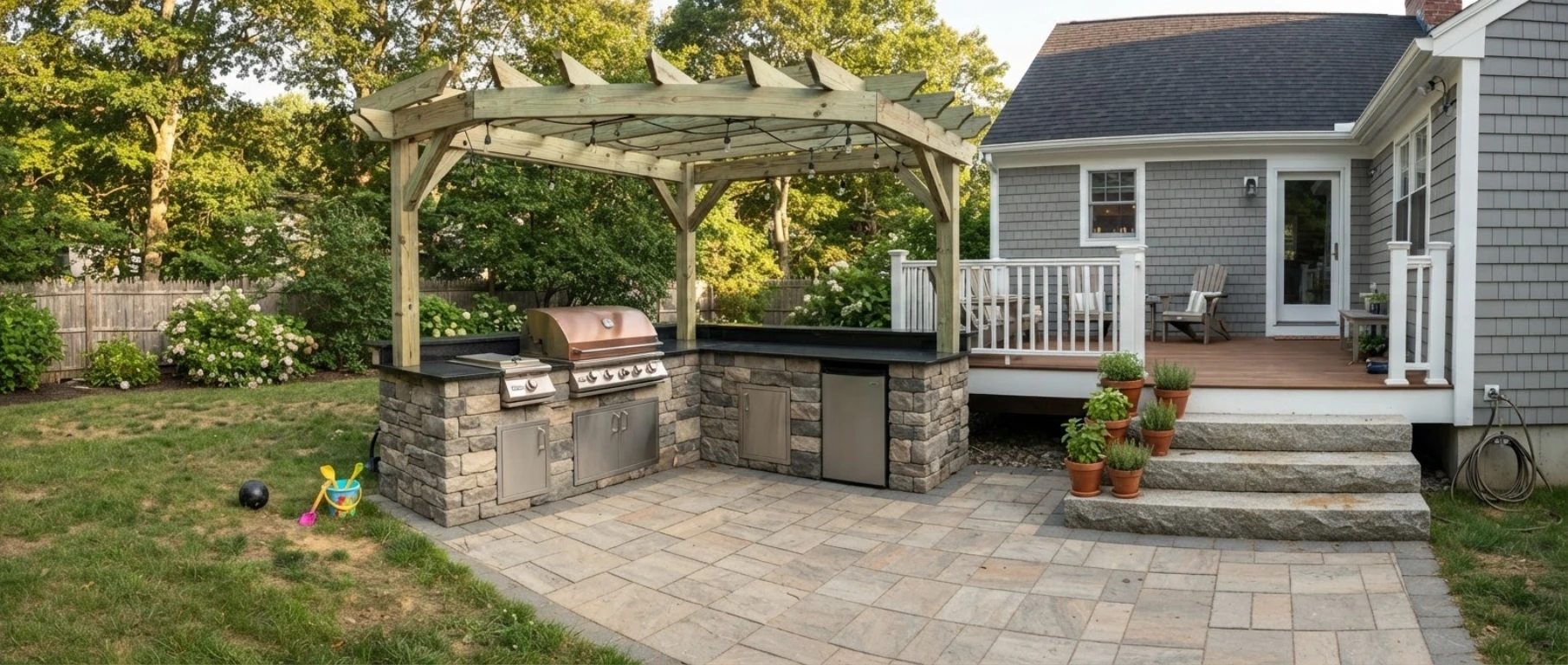 wooden pergola outdoor kitchen MA backyard