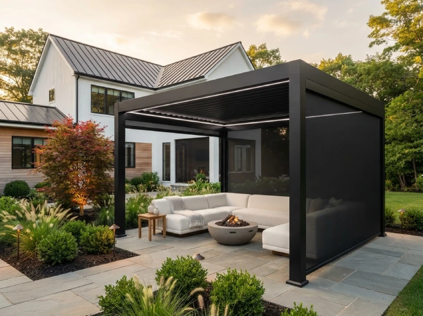 Black aluminum louvered pergola over bluestone patio, modern Massachusetts backyard