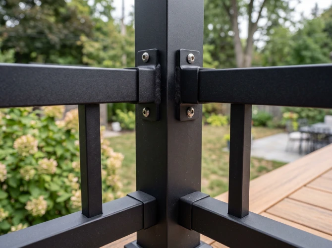 Black aluminum railing closeup powder coated