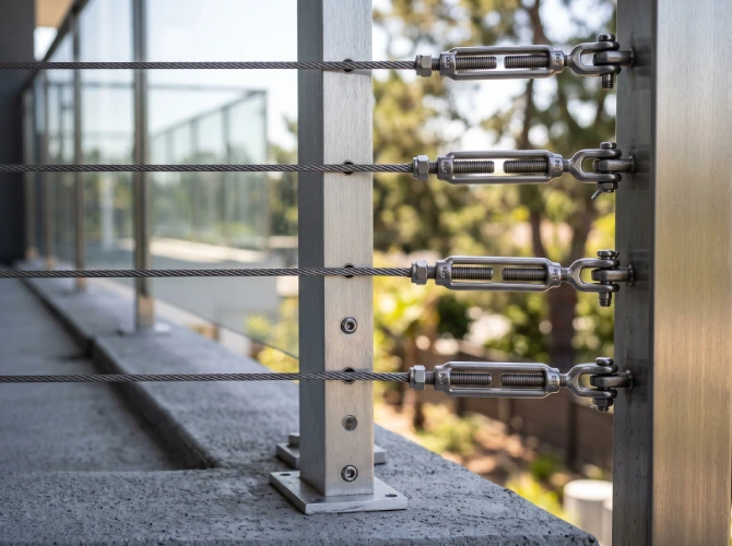 Cable railing closeup stainless steel tension hardware modern