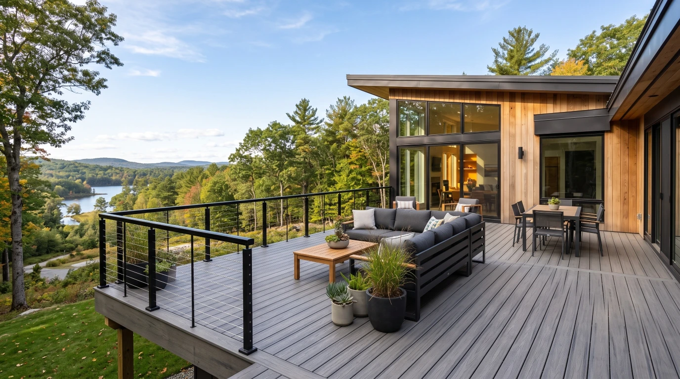 Cable railing deck project Massachusetts modern home complete installation