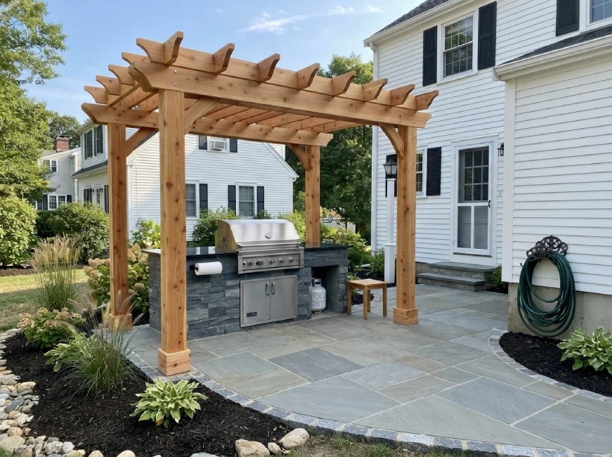 Cedar pergola over stainless grill station on bluestone patio, Massachusetts home