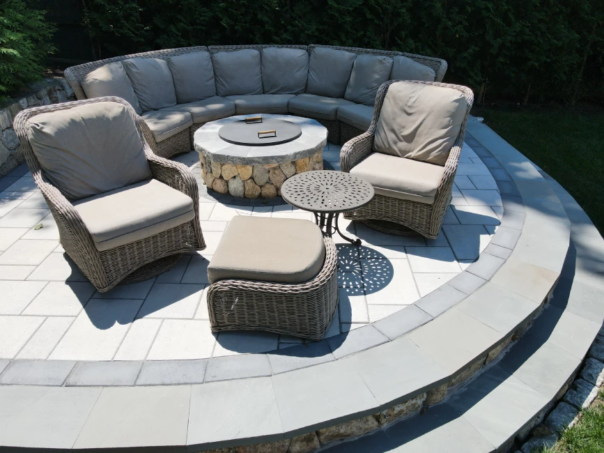 Circular seat wall sectional fire pit, Framingham MA sitting area