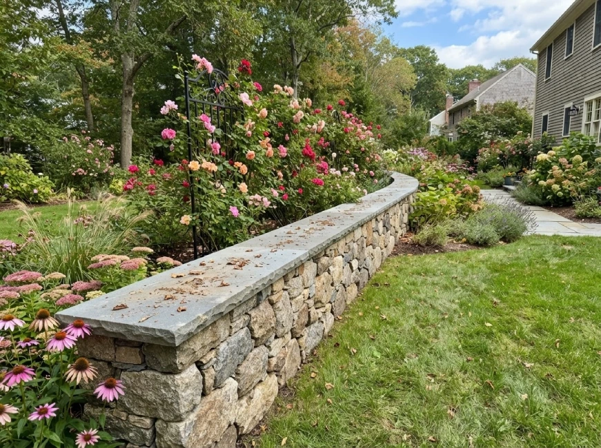Curved dry-stack fieldstone garden wall with broad bluestone cap, climbing roses on iron trellis