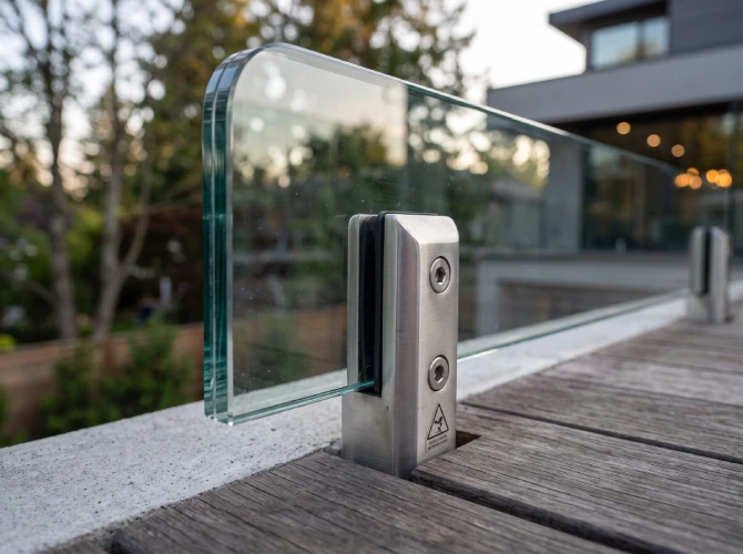 Glass railing closeup frameless tempered panel
