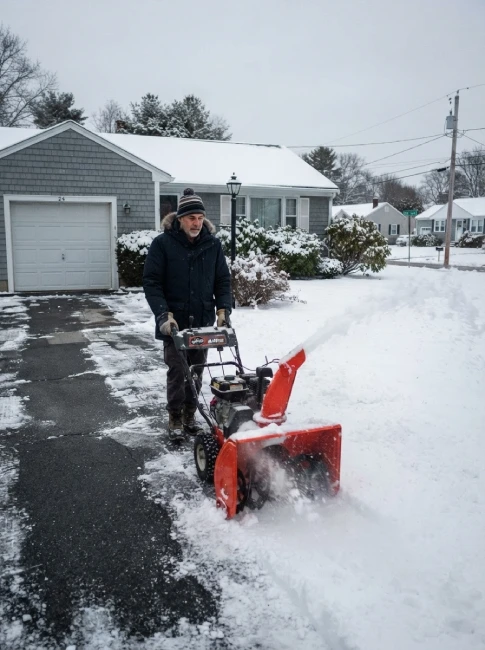 Homeowner using snow blower on MA driveway