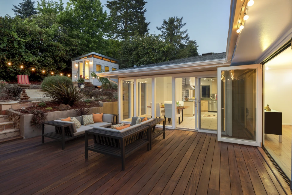 Ipe deck string lights bifold doors, Hingham MA three season