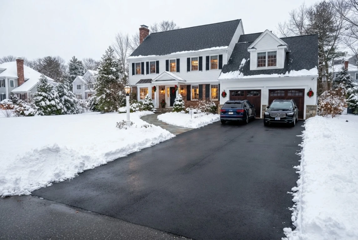Large multi-car driveway cleared at MA colonial home North Andover, MA