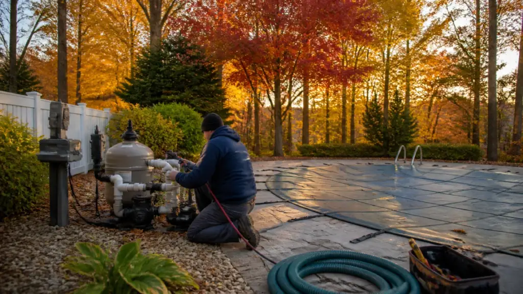 MA pool technician winterizing pool equipment with fall foliage backdrop